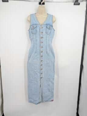 Vintage Bongo Denim Maxi Dress Sz 9 Light Wash 90s Y2K Country Western Rodeo